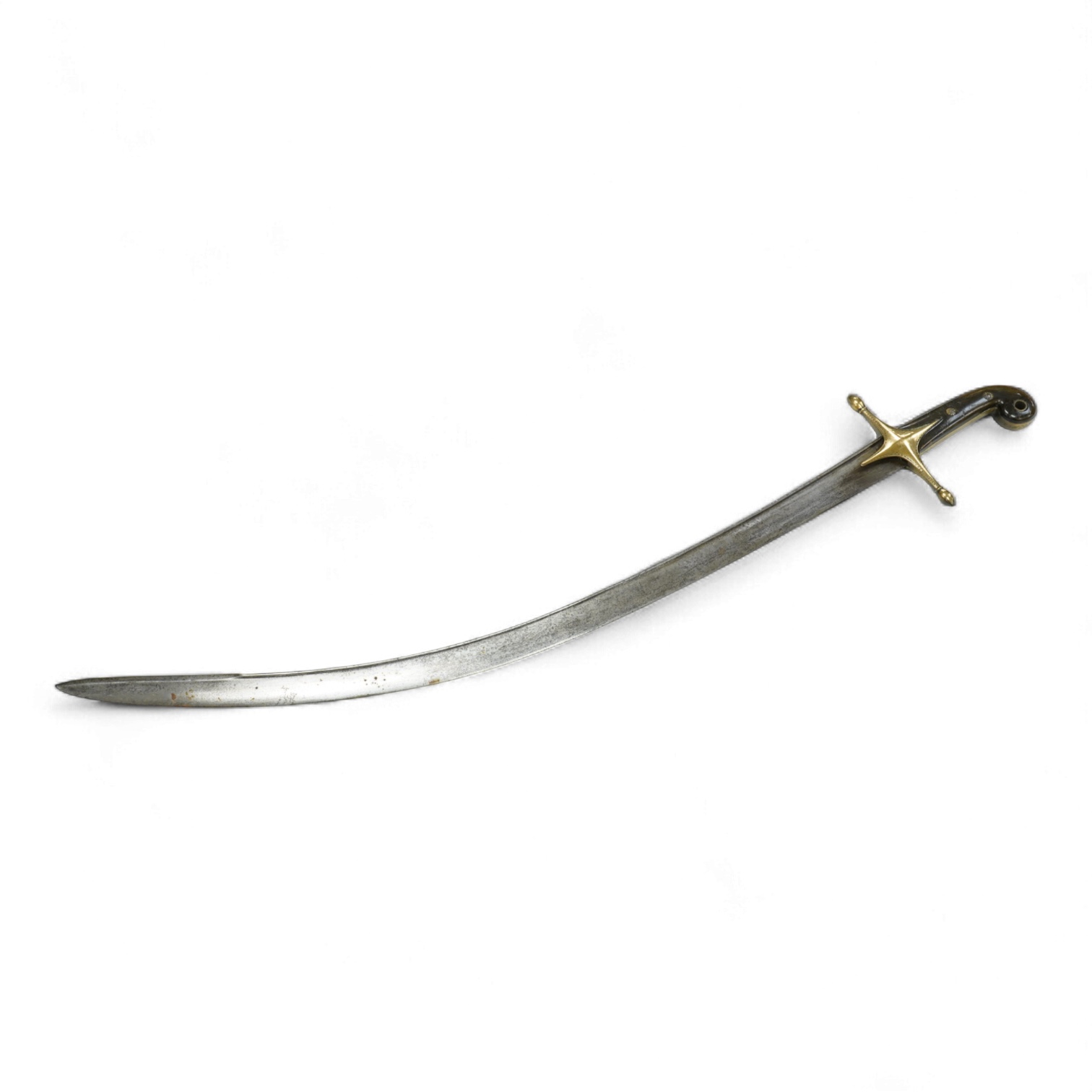 An Ottoman sword kilij with rounded back edge, traces of gold cartouche to the blade, brass cross piece, and two-piece horn grip, blade approximately 76cm